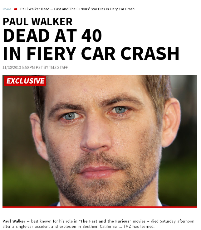 유명배우 폴워커 차사고로 사망 (Paul Walker)