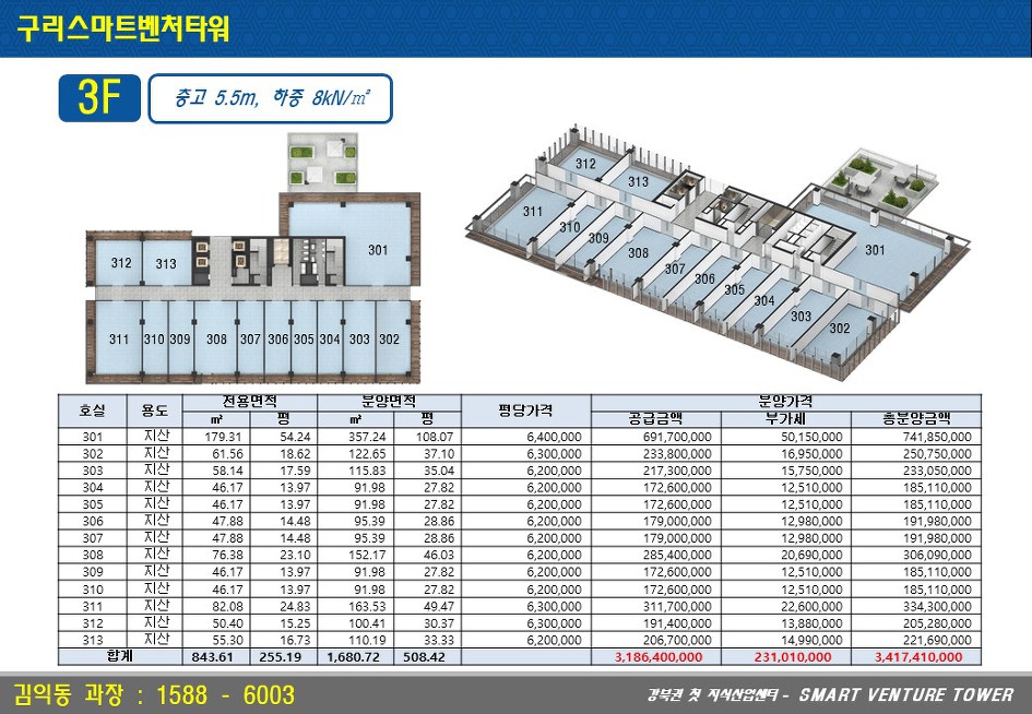 구리 스마트벤처타워 층별안내 및 분양가